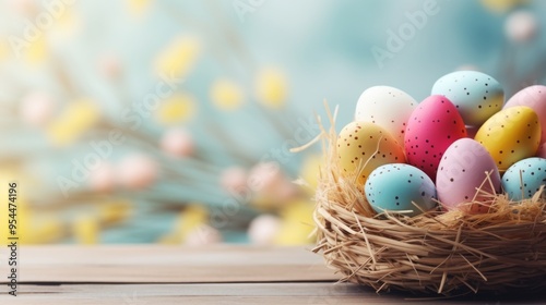 Easter wicker basket filled with colorful eggs on rustic wooden kitchen table, vibrant spring holiday composition with space for custom text or greetings


 photo