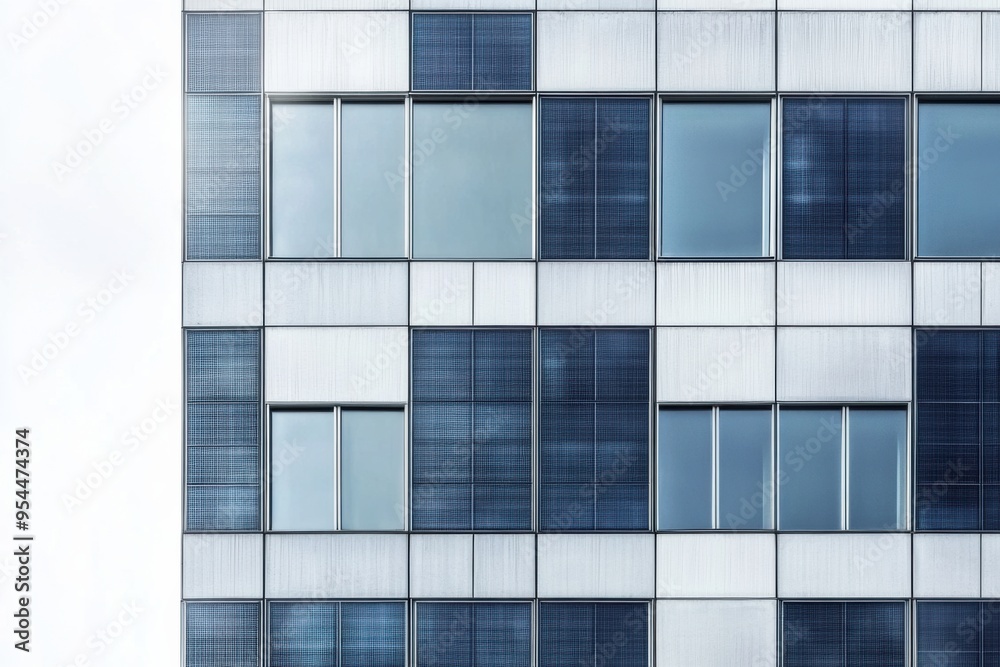 Modern building facade with integrated solar panels and large windows, showcasing blend of technology and architecture. Modern building facade with integrated solar panels and large windows, showcasing blend of technology and architecture.