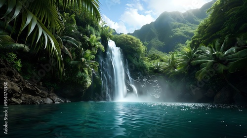 Waterfall in a lush, tropical jungle