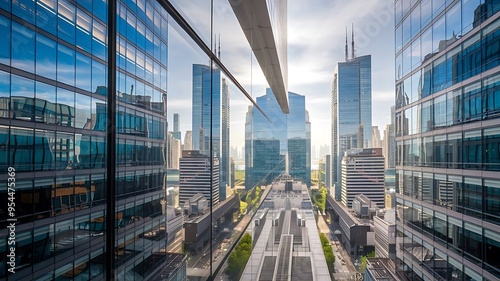 Modern glass building reflecting bustling cityscape, symbolizing urban growth and corporate architecture. #954475369