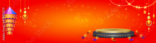 Diwali festive banner design with podium luxury golden floral decorative lights, lanterns sparkle and red vibrant background.