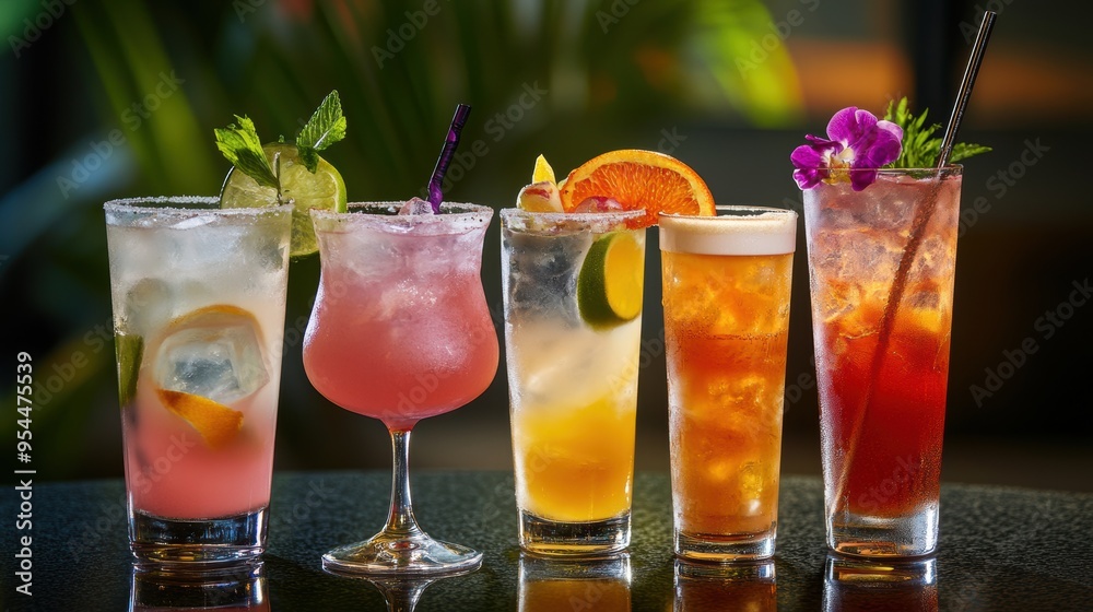 Assortment of Refreshing Cocktails on a Blurred Outdoor Background Assortment of Refreshing Cocktails on a Blurred Outdoor Background