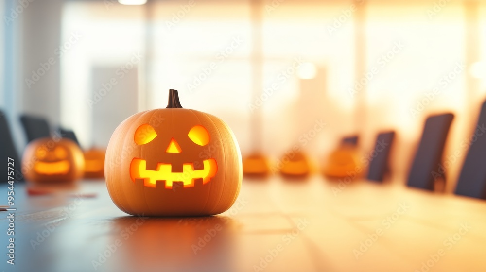 Modern Corporate Finance Meeting with Festive Pumpkin Decorations - 3D Illustration for Business Concepts Modern Corporate Finance Meeting with Festive Pumpkin Decorations - 3D Illustration for Business Concepts