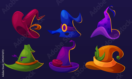 Magic fairy witch cap with pointy end and decorative elements. Cartoon vector illustration set of wizard hat for Halloween design. Fantasy spooky sorcerer magic costume item. Magician garment.