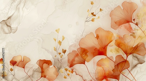 Abstract Floral Artwork with Ginkgo Leaves and Gold Accents photo