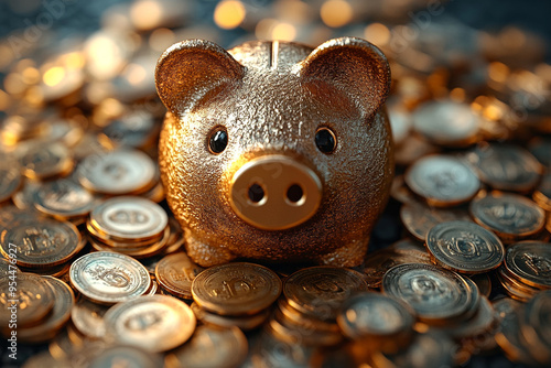 A golden piggy bank surrounded by shining coins, symbolizing savings, wealth, and financial prosperity. photo