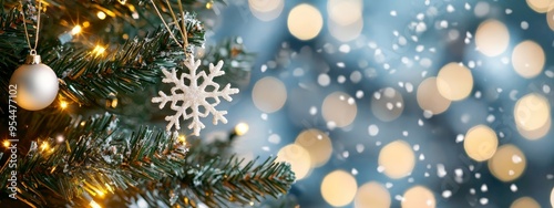  A Christmas tree adorned with a side-hanging snowflake ornament and backdrop of twinkling lights