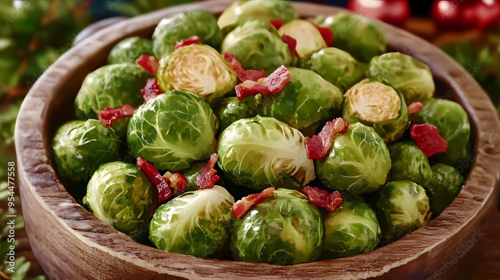 Roasted Brussels Sprouts with Crispy Bacon in a Wooden Bowl. Roasted Brussels Sprouts with Crispy Bacon in a Wooden Bowl.