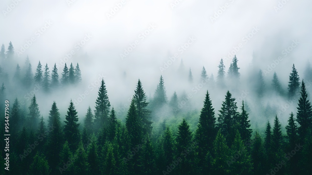 A dense forest with foggy trees. The misty atmosphere creates a sense of mystery and tranquility, as the trees are shrouded in a veil of fog. The scene evokes a feeling of calmness and serenity A dense forest with foggy trees. The misty atmosphere creates a sense of mystery and tranquility, as the trees are shrouded in a veil of fog. The scene evokes a feeling of calmness and serenity
