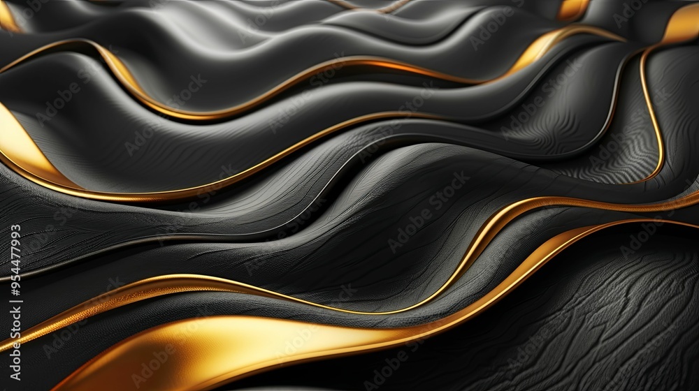 Abstract Black and Gold Wavy Surface with Textured Detail Abstract Black and Gold Wavy Surface with Textured Detail