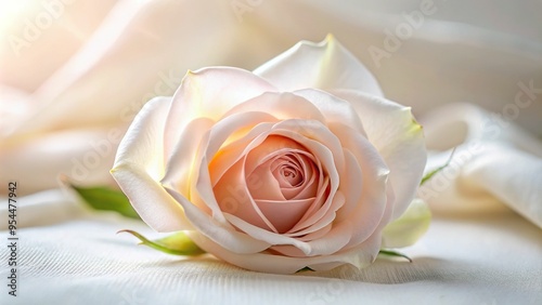 A gentle, baby pink rose petal unfurls, delicate and fragile, lit by a soft, romantic morning light, against a creamy white background, a realistic photo image. photo