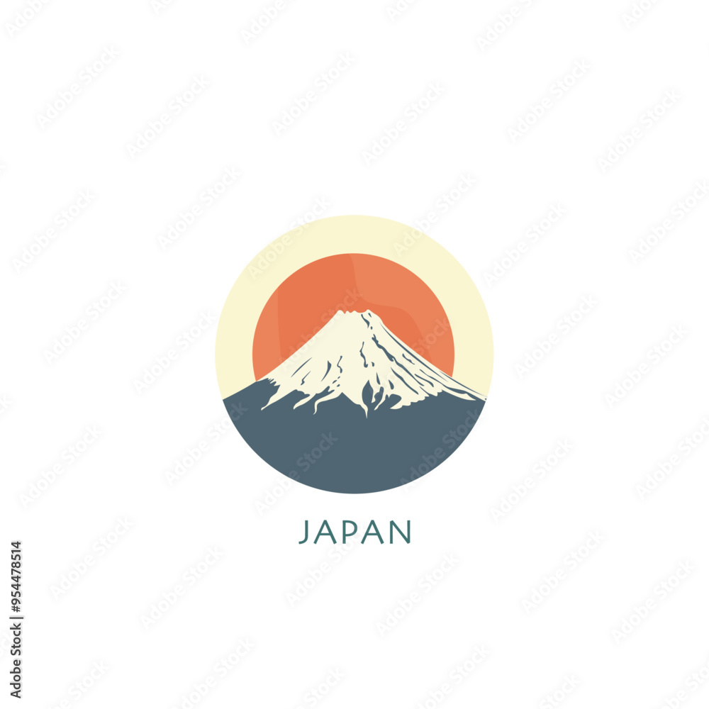 Obraz premium Japan vector badge, flat skyline logo, icon. Vintage round emblem with volcano, mount silhouettes. Isolated graphic