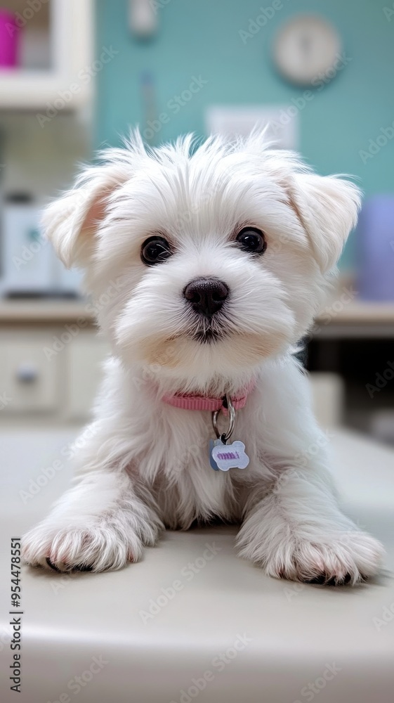 White Maltese puppy dog getting a vaccine at the veterinary doctor,Vet examining dog,Puppy lying on the examination table,veterinarian doing injection by syringe to it,sick,Health care. White Maltese puppy dog getting a vaccine at the veterinary doctor,Vet examining dog,Puppy lying on the examination table,veterinarian doing injection by syringe to it,sick,Health care.