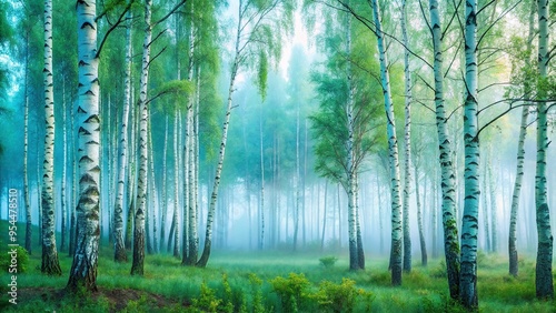 Overcast sky with soft medium turquoise hues casts a soothing ambiance on a serene birch forest, misty atmosphere with subtle morning dew, peaceful retreat, a realistic photo image. photo