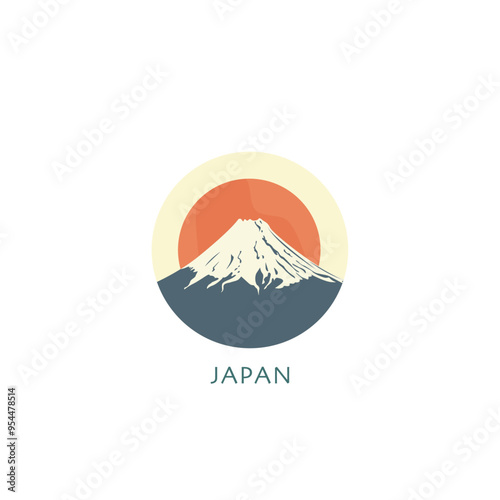 Japan vector badge, flat skyline logo, icon. Vintage round emblem with volcano, mount silhouettes. Isolated graphic