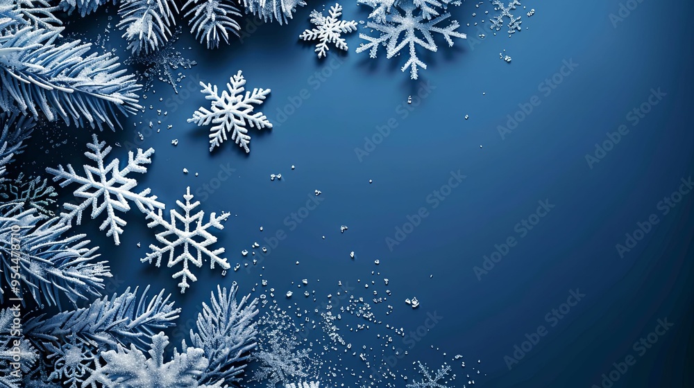 Snowy Pine Branches and Snowflakes on a Blue Background Snowy Pine Branches and Snowflakes on a Blue Background