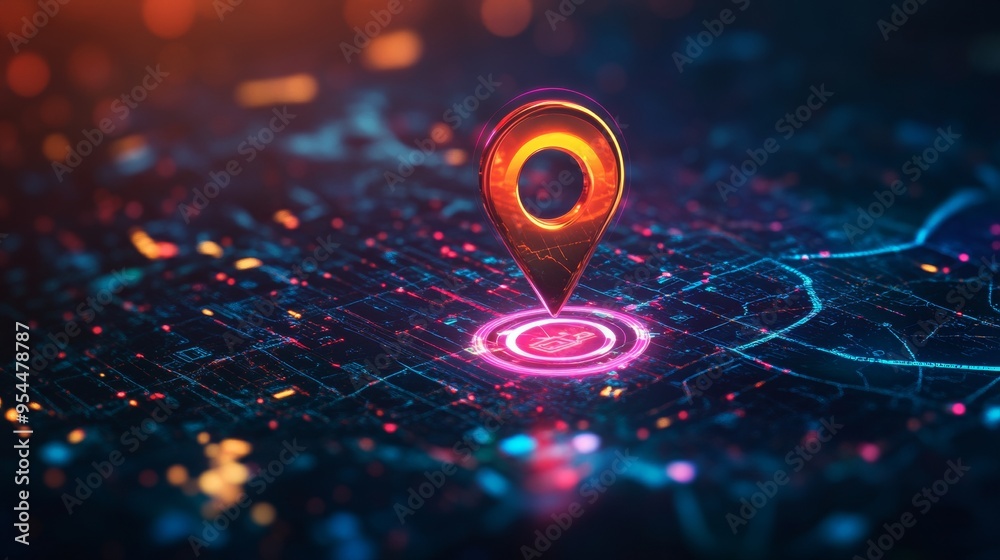 A digital GPS map displays a vibrant pin marking a specific location A digital GPS map displays a vibrant pin marking a specific location
