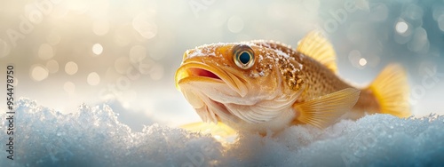  A fish with its mouth agape, atop a snowy mound