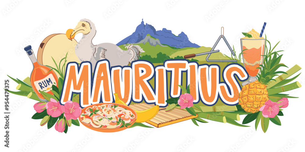 Fototapeta premium Mauritius emblem, island landmarks in flat style. Vector sugar cane, Mount Peter, endemic bird Dodo, flowers Trochezia boutoniana, pineapple, falooda, millionaire salad, musical instruments Sega.