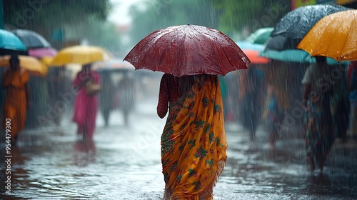 A woman walks gracefully in the rain, holding a red umbrella and wearing a vibrant yellow sari.