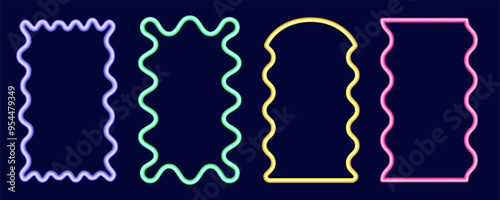 Wavy rectangle border frame. Squiggle edge box. Neon color scallop groovy shape. Retro aesthetic element. Vector trendy cute illustration. 90s design for poster and invitation