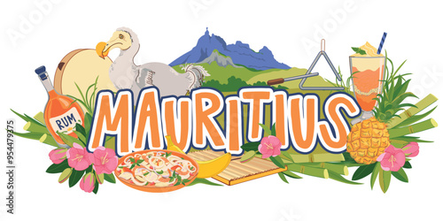Mauritius emblem, island landmarks in flat style. Vector sugar cane, Mount Peter, endemic bird Dodo, flowers Trochezia boutoniana, pineapple, falooda, millionaire salad, musical instruments Sega.