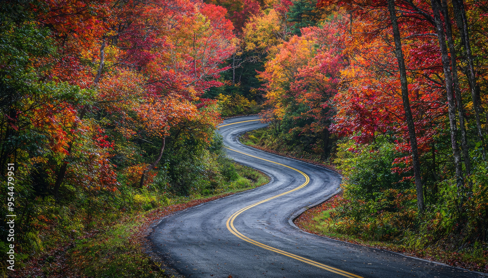 Naklejka premium A winding road through vibrant autumn foliage, showcasing the beauty of seasonal change in nature.