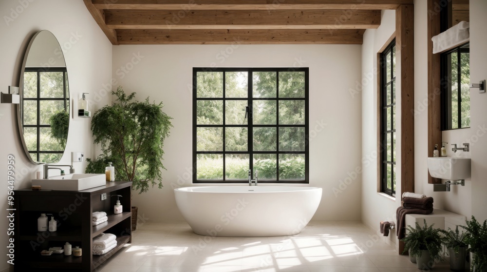 Fototapeta premium Modern Bathroom Luxurious Comfort with Large Window Natural Greenery View 
