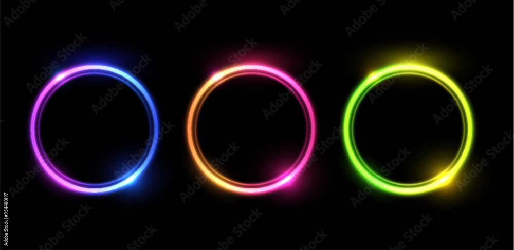 Neon gradient line circle frames vector set, glow round border colorful futuristic luminous disc, bright hole light ring Neon gradient line circle frames vector set, glow round border colorful futuristic luminous disc, bright hole light ring