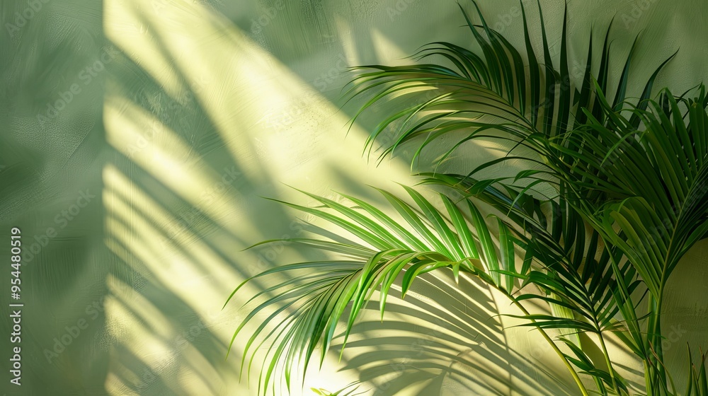 Palm Leaves Casting Shadows on a Green Wall Palm Leaves Casting Shadows on a Green Wall
