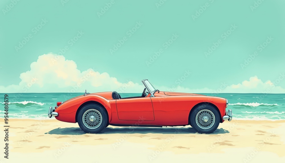 An orange classic sports car on a sandy beach by the ocean.