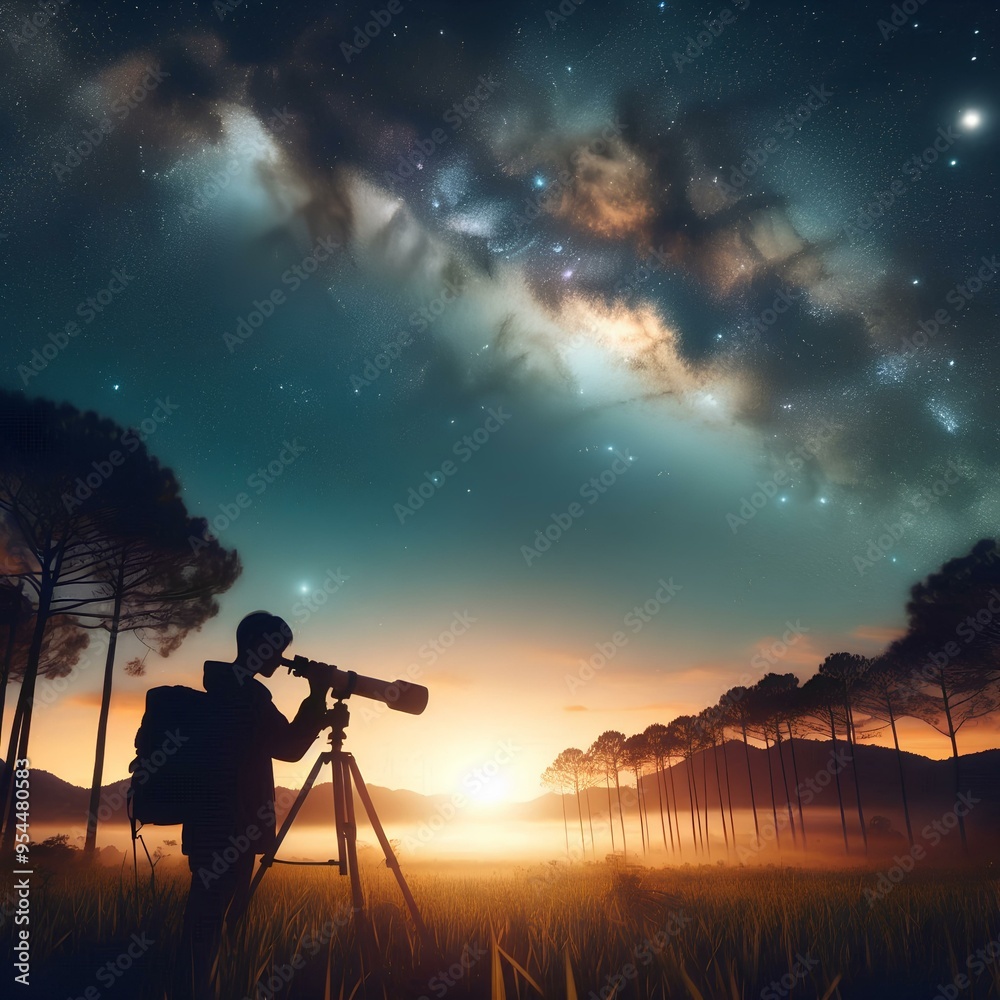 Fototapeta premium A silhouette of an individual observing the Milky Way with a telescope, standing in a field surrounded by trees.