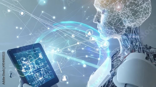 A woman is sitting in front of a computer screen with a tablet in her hand