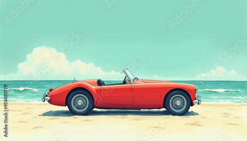 Obraz na płótnie An orange classic sports car on a sandy beach by the ocean. w salonie