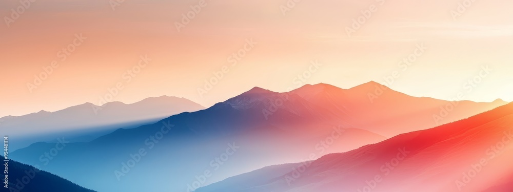 A panoramic perspective of mountain peaks from a hilltop, sun illuminating their crests in the distance A panoramic perspective of mountain peaks from a hilltop, sun illuminating their crests in the distance