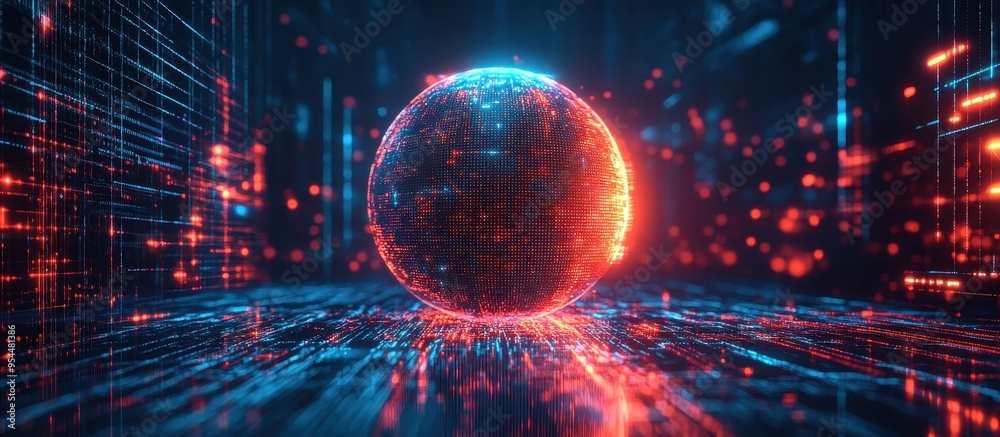 Fototapeta premium Futuristic Digital Globe with Data Streams and Glowing Particles in a High-Tech Virtual Environment