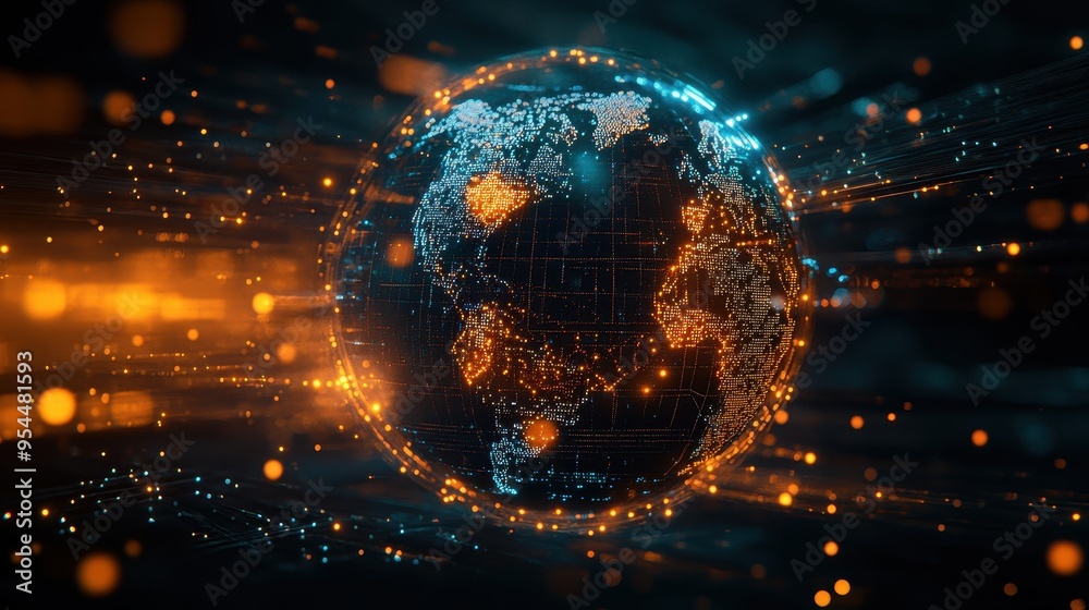 Obraz premium Digital Earth with Glowing Data Connections Representing Global Technology and Network Communication