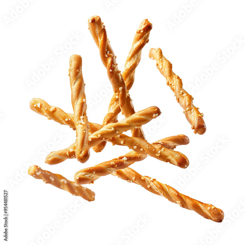 Falling twisted pretzel sticks, isolated on white background. photo