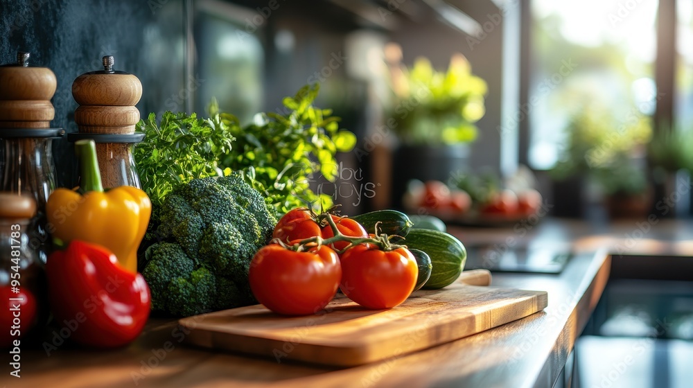 Fresh Vegetables on a Wooden Cutting Board in a Modern Kitchen with Sunlight Fresh Vegetables on a Wooden Cutting Board in a Modern Kitchen with Sunlight