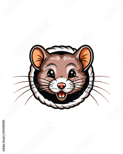 Editable stroke vector illustration of a small, cute mouse with big eyes and a wide smile peeking out of a hole.