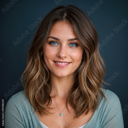 Ocean-blue eyed lady with tousled hair smiling gently against dark backdrop 