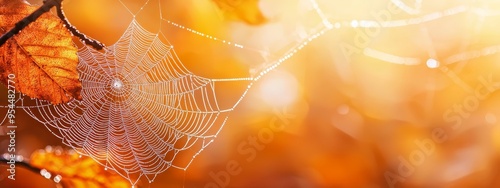  A tight shot of a spider web on a tree branch, a leaf hovering near in the foreground, background softly blurred