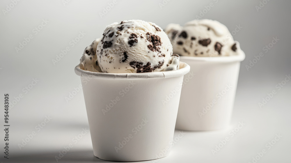 White paper cups filled with cookies and cream ice cream, showing the realistic texture White paper cups filled with cookies and cream ice cream, showing the realistic texture