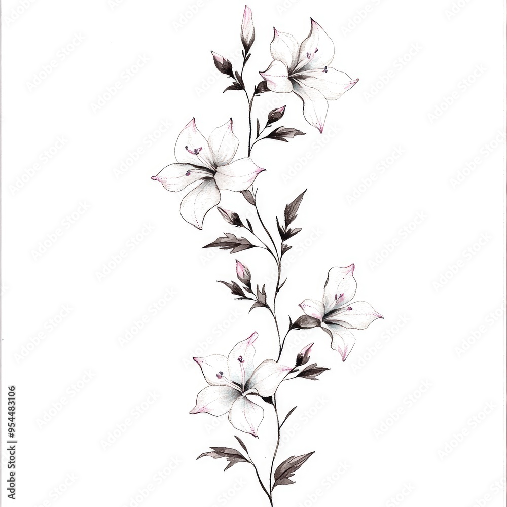 Obraz premium Delicate White Flowers on a Branch Sketch
