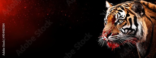  A tight shot of a tiger's bloodstained face against a backdrop of a solitary red spot