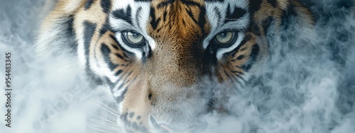  A tight shot of a tiger's intense face, exuding steam from its open maw photo