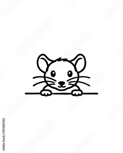 Editable stroke vector illustration of a small mouse peeking out from behind a surface, with big eyes and a cute expression.