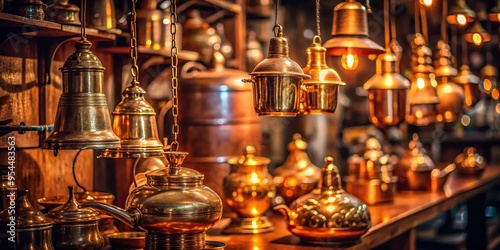 Warm copper tones glowing in a dimly lit antique shop, vertical composition, soft focus, evoking feelings of curiosity and discovery, a realistic photo image.