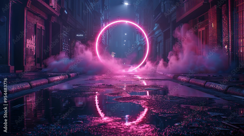 Pink Neon Ring Over Wet City Street at Night
