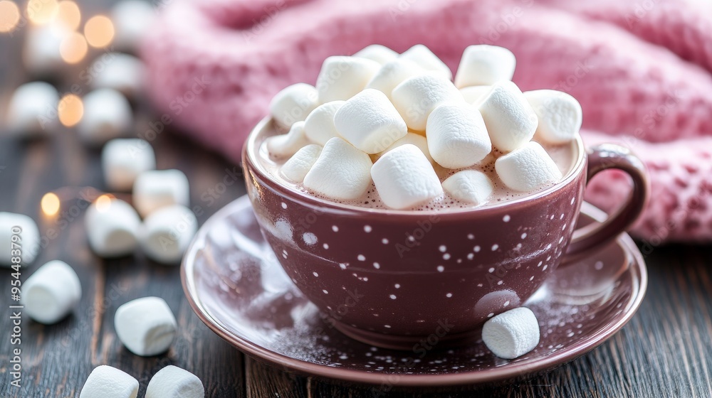 Cozy Hot Chocolate with Marshmallows in Polka Dot Mug on Wooden Table. Cozy Hot Chocolate with Marshmallows in Polka Dot Mug on Wooden Table.